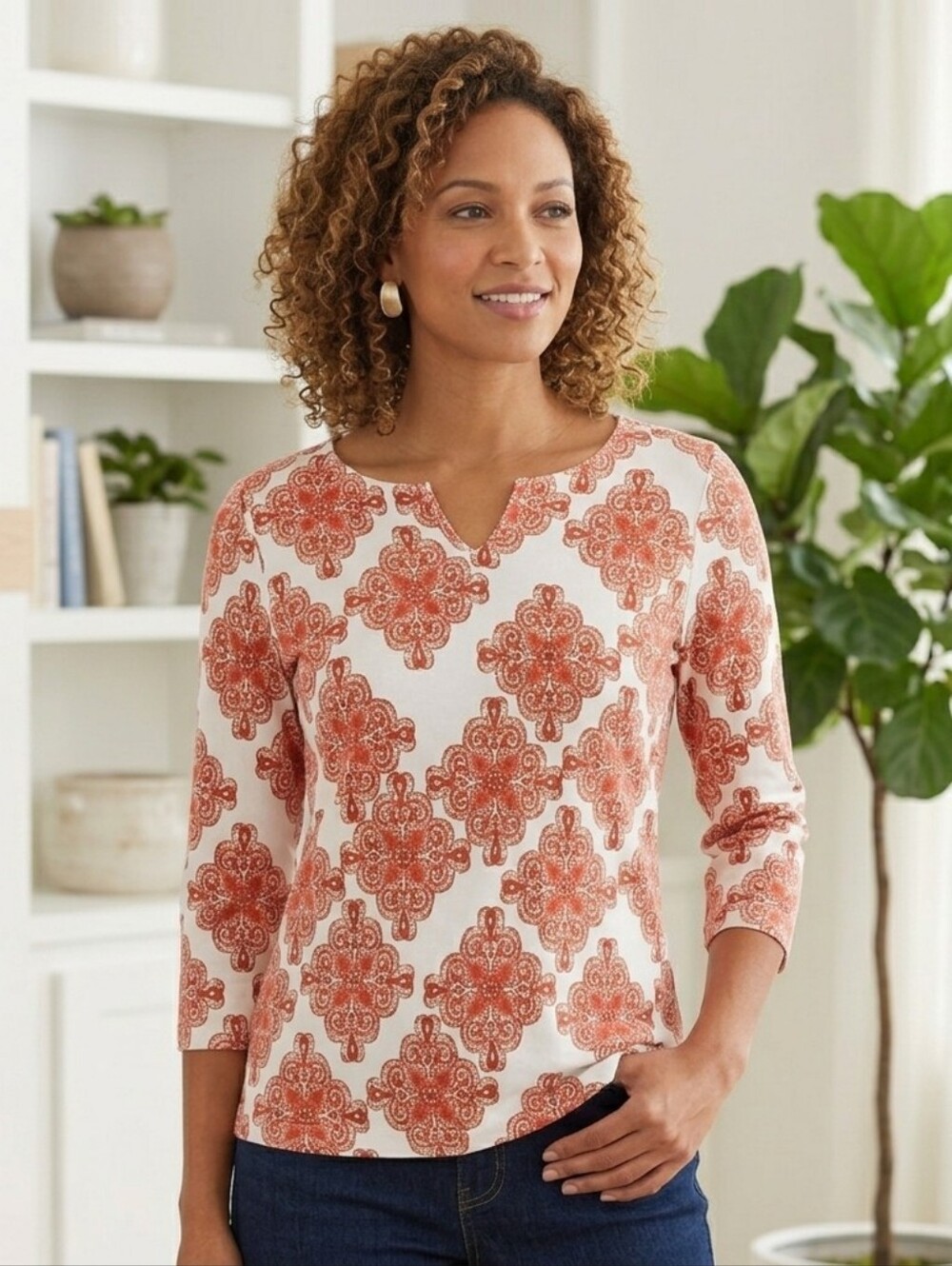 ​Hearts of Palm Medallion Print Split Neck Top Medium M 3/4 Sleeve Cotton Blend